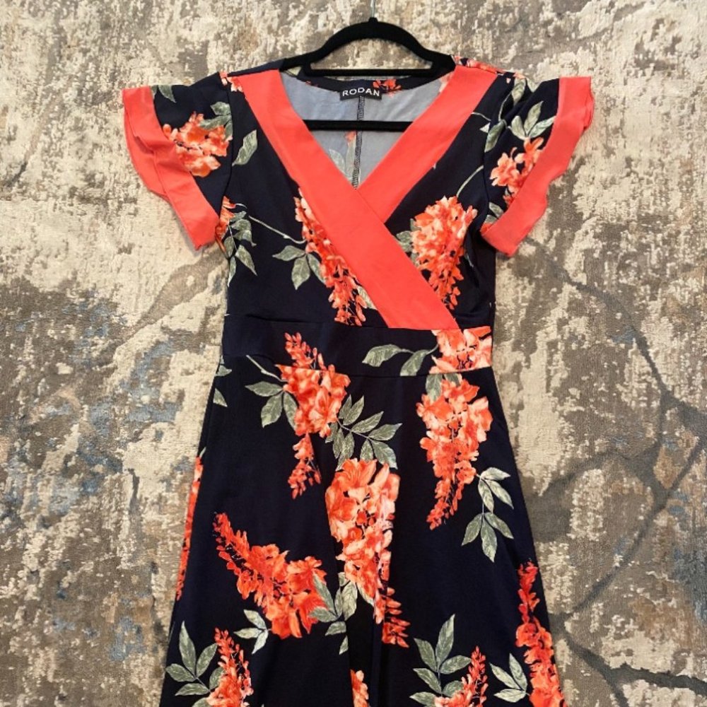 Black floral dress with pink trim sz M